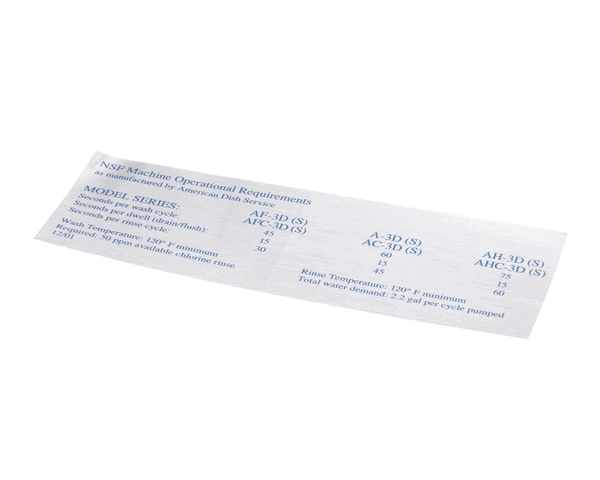 AMERICAN DISH SERVICE 089-9312 DECAL NSF MODEL 3-D-S (ALL T