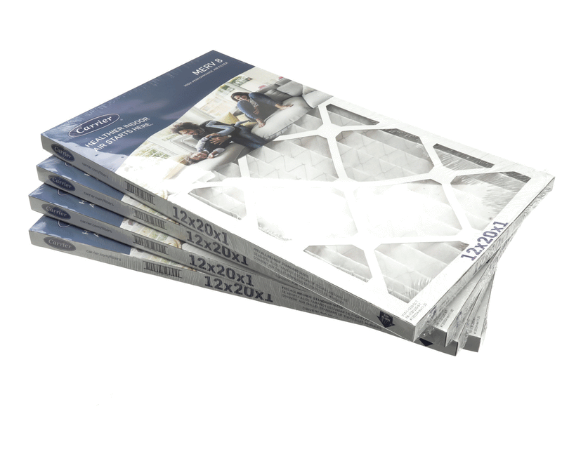 CARRIER 12X20X1-M8-C-P4 8 REPLACEMENT AIR FILTERS HELP CLEAN AND PURIFY INDOOR AIR AND FILTER OUT CONTAMINANTS LIKE MOLD DUST GERMS DANDER AND POLLEN.DIMENSIONS: 12-IN X 20-IN X 1-IN PLEATED FILTERSPACK OF 4MERV 8 FILTERS CATCH PARTICLES