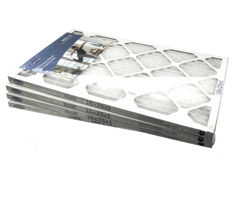 CARRIER 16X25X1-M10-C-P4 10 REPLACEMENT AIR FILTERS MAKE INDOOR AIR QUALITY CLEAN BY HELPING TRAP CONTAMINANTS LIKE DANDER DUST MOLD AND POLLEN.DIMENSIONS: 16-IN X 25-IN X 1-IN PLEATED FILTERSPACK OF 4MERV 10 FILTERS CATCH PARTICLES AS SMALL