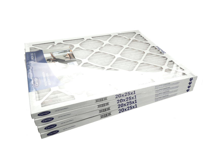 CARRIER 20X25X1-M10-C-P4 10 REPLACEMENT AIR FILTERS CAPTURE PARTICLES LIKE DUST DANDER POLLEN AND MORE HELPING KEEP YOUR SPACE'S INDOOR AIR QUALITY CLEAN AND HEALTHY.DIMENSIONS: 20-IN X 25-IN X 1-IN PLEATED FILTERSPACK OF 4MERV 10 FILTERS CA